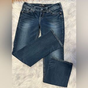 Suki mid slim boot cut jeans open back pockets sz 31/33